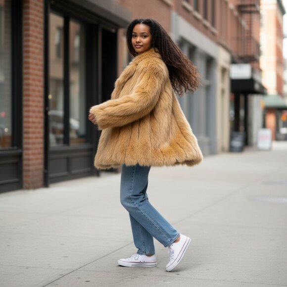 Dyed Fox Waist Jacket with Leather Accent Panels, Size Sm/Med - Picture 1 of 10